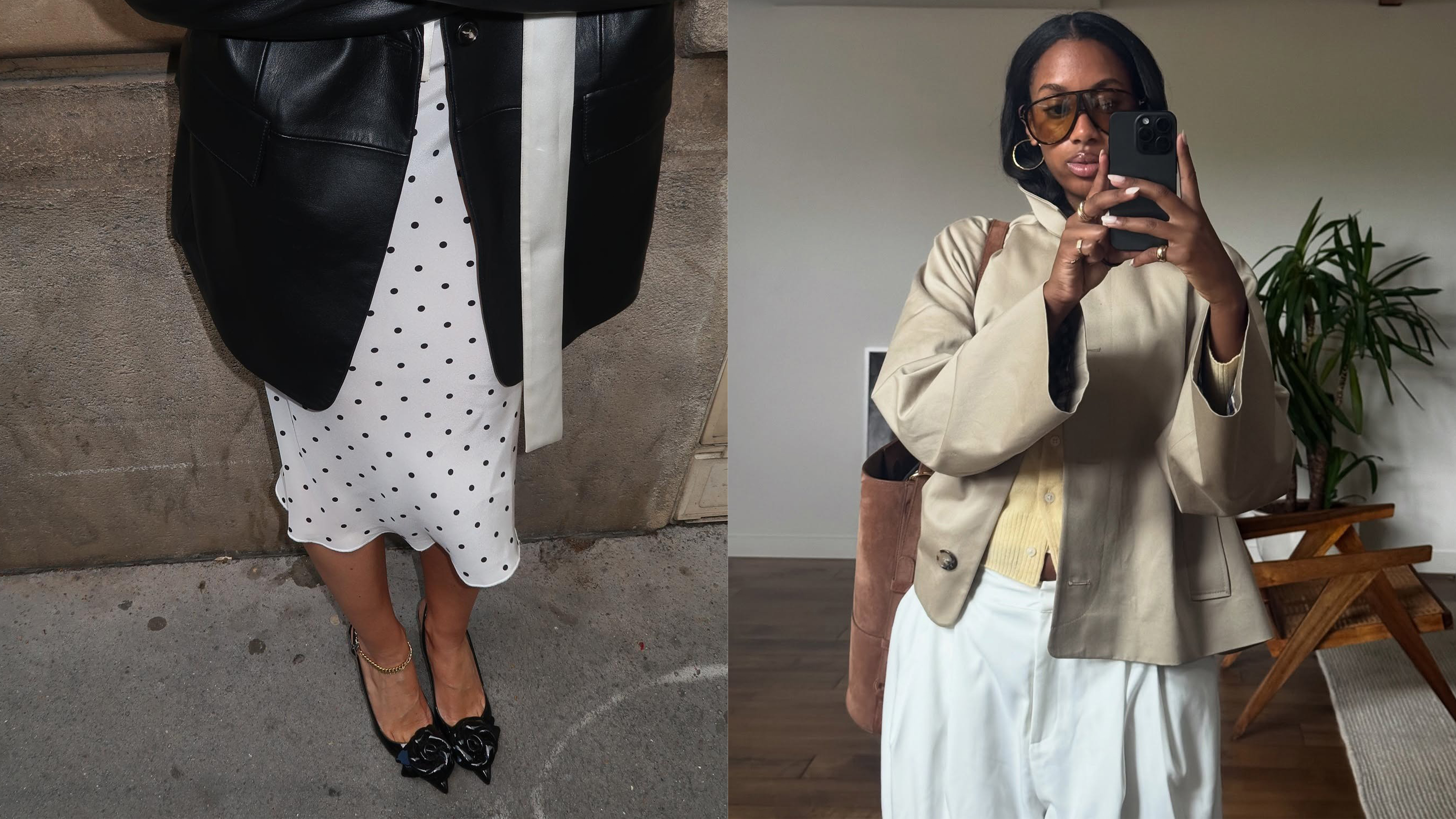 @sabinasocol wearing a polka dot dress, leather blazer, and pointed-toe heels from M.Gemi; @claire_most wearing white linen trousers, a butter yellow cardigan, cropped trench coat from Sezane.