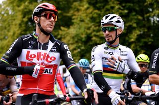 Philippe Gilbert and Julian Alaphilippe talking before a race