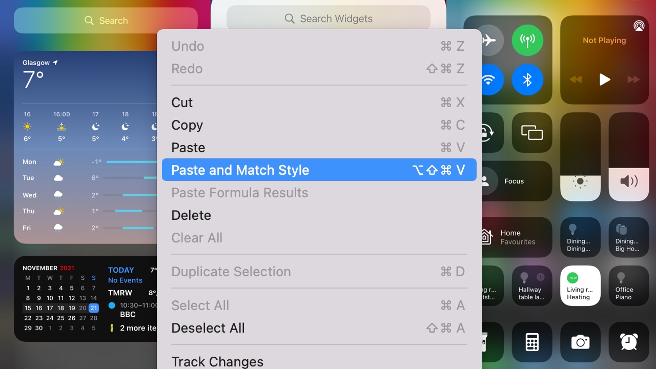 Screen shot showing macOS Paste and Match Style menu option selected