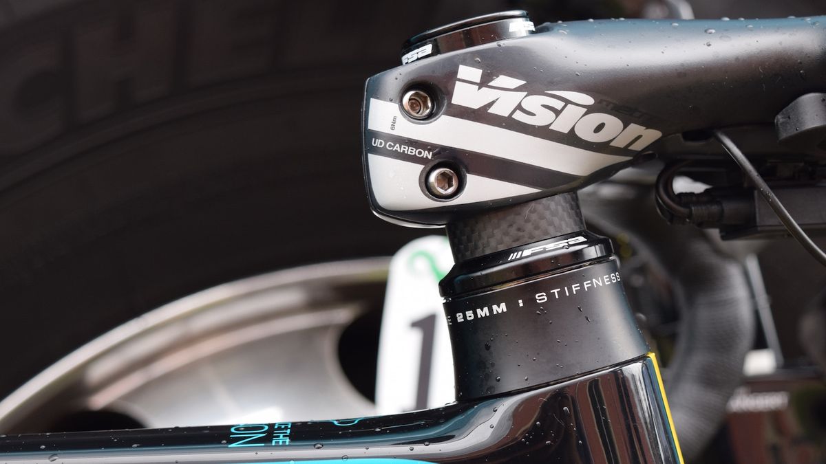 Nikita Stalnov from Astana takes no heed from the #SlamThatStem crowd opting for 40mm of spacers