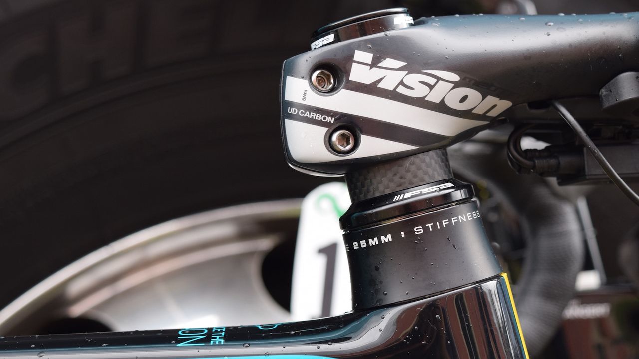 Nikita Stalnov from Astana takes no heed from the #SlamThatStem crowd opting for 40mm of spacers
