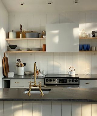 Black and white kitchen with neat shelving and gold tap