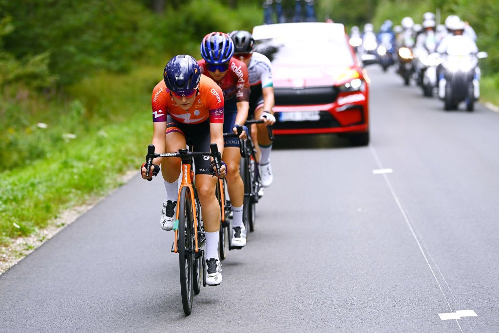 PROVINS FRANCE JULY 25 Marit Raaijmakers of Netherlands and Team Human Powered Health competes in the breakaway during the 1st Tour de France Femmes 2022 Stage 2 a 1364km stage from Meaux to Provins TDFF UCIWWT on July 25 2022 in Provins France Photo by Tim de WaeleGetty Images