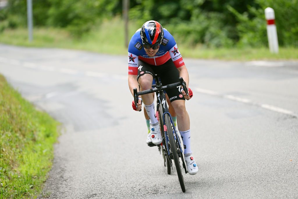 CHAINTRE FRANCE JUNE 09 Rmi Cavagna of France and Team QuickStep Alpha Vinyl attacks in the breakaway during the 74th Criterium du Dauphine 2022 Stage 5 a 1623km stage from ThizylesBourgs to Chaintr WorldTour Dauphin on June 09 2022 in Chaintre France Photo by Dario BelingheriGetty Images