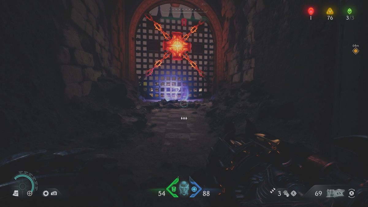 Doom: The Dark Ages Holy City of Aratum secrets - A question mark collectible item near a locked gate.