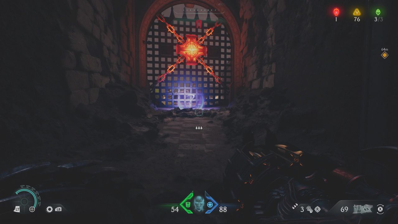 Doom: The Dark Ages Holy City of Aratum secrets - A question mark collectible item near a locked gate.