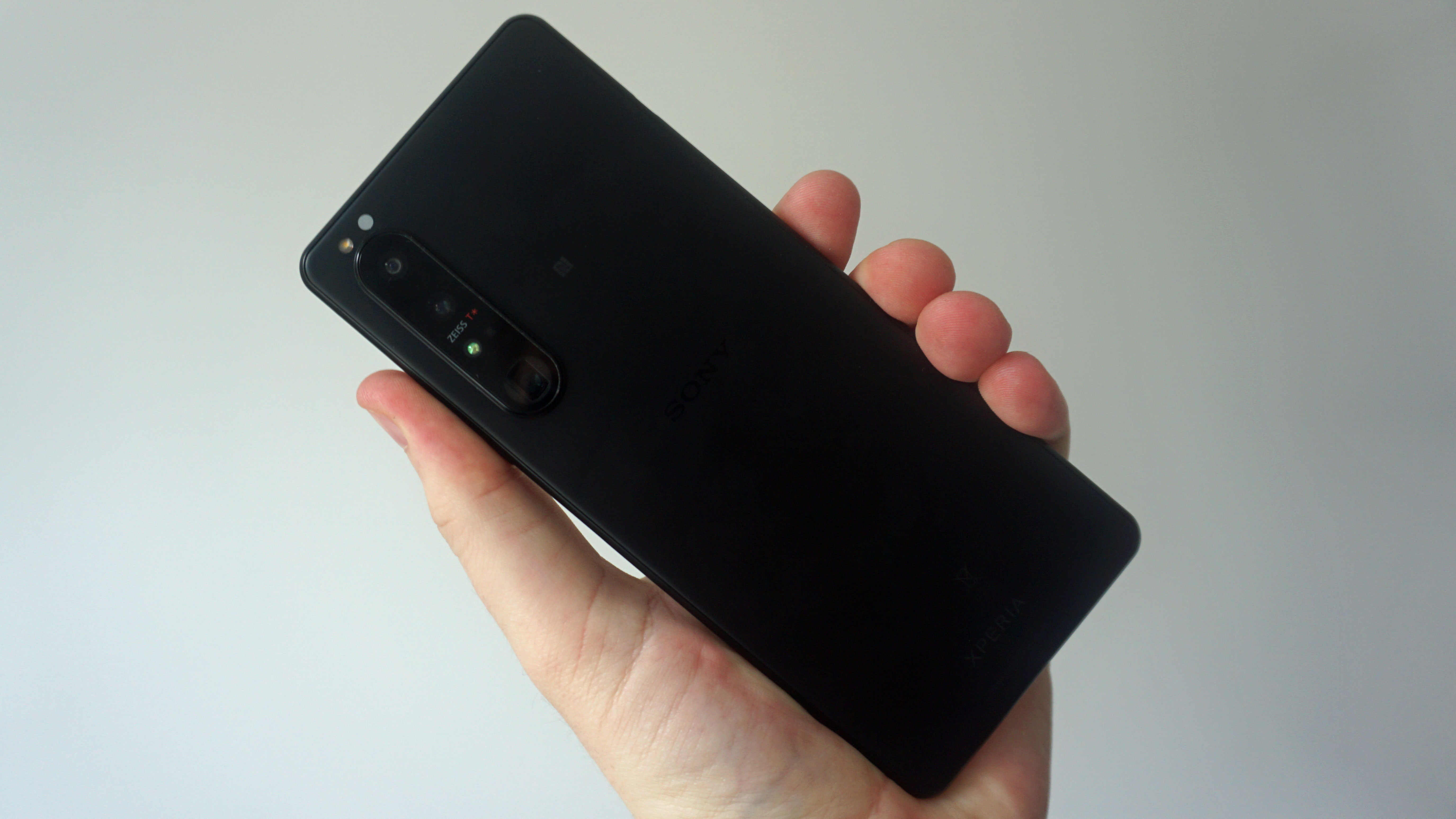 A Sony Xperia 1 III from the back in someone's hand