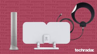 A collection of the best TV antennas of 2023 on a red background