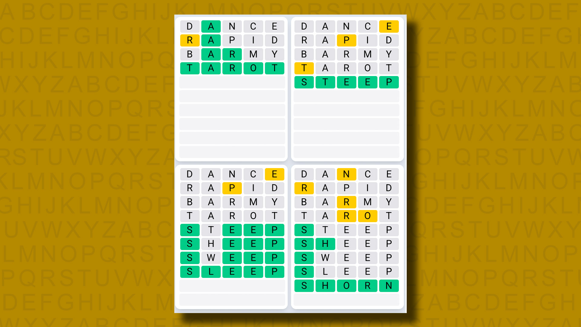 Quordle Daily Sequence answers for game 1289 on a yellow background