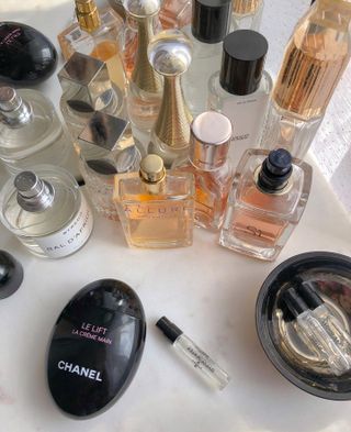 Select the perfume bottles on the table