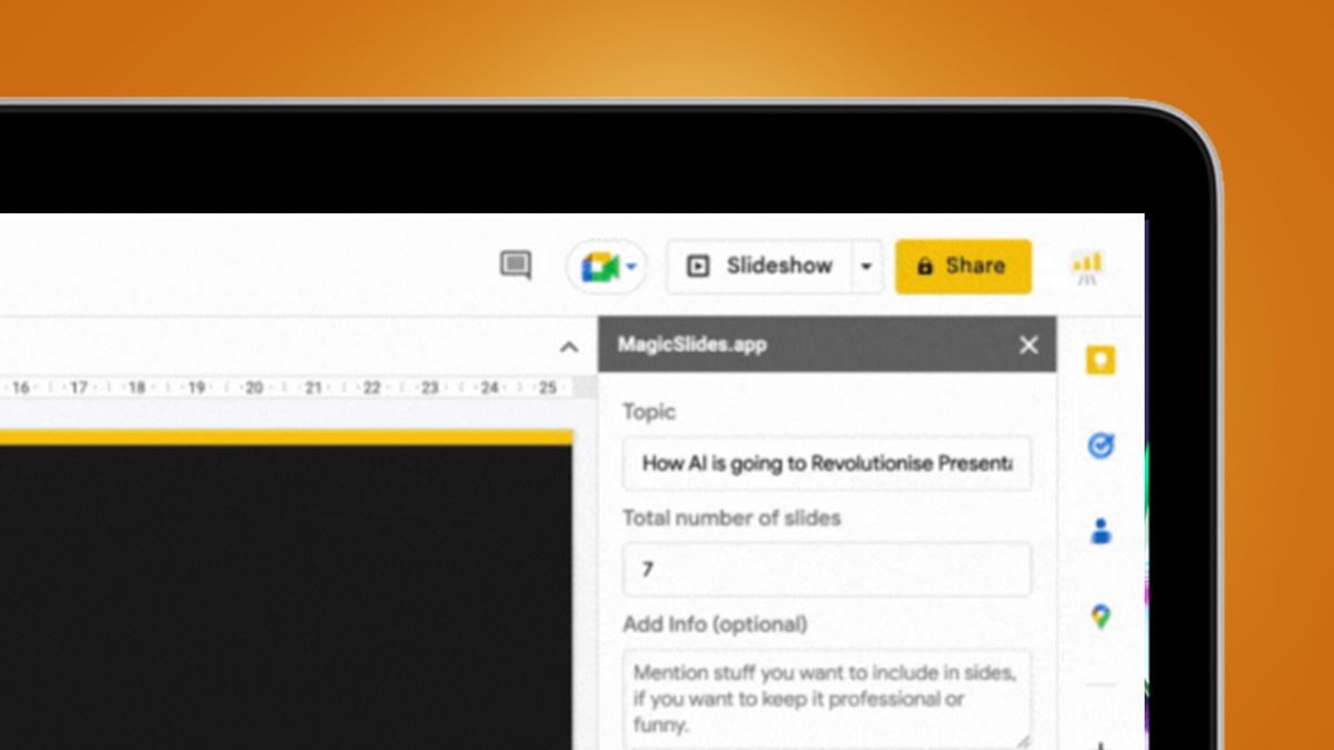 A laptop screen showing the MagicSlides plug-in for Google Slides