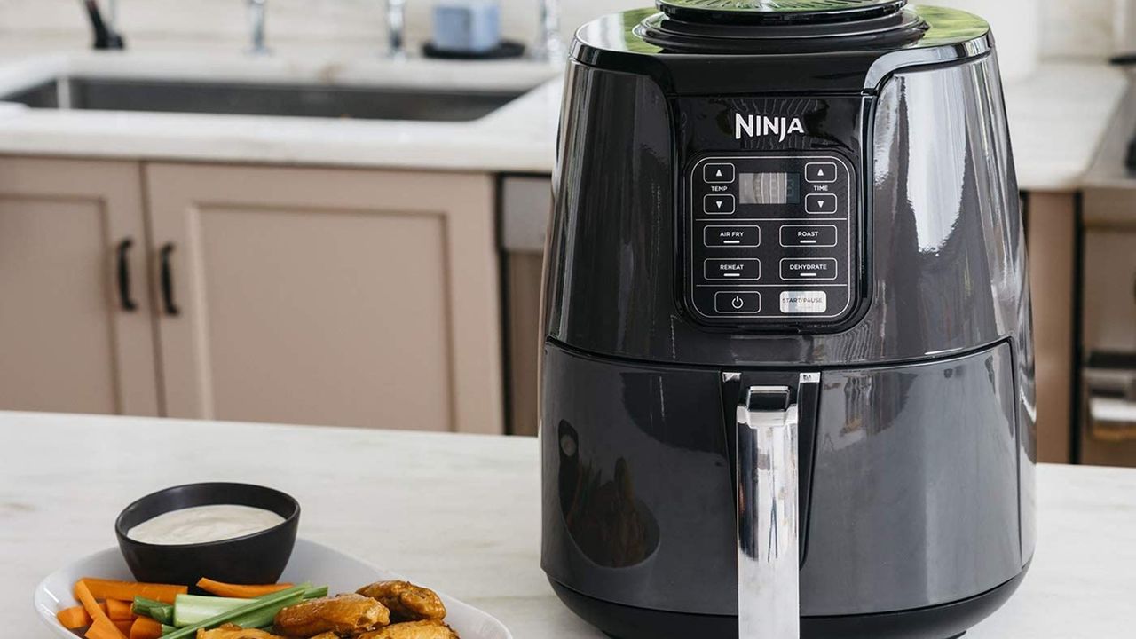 Ninja Air Fryer AF100UK on countertop next to plate of food