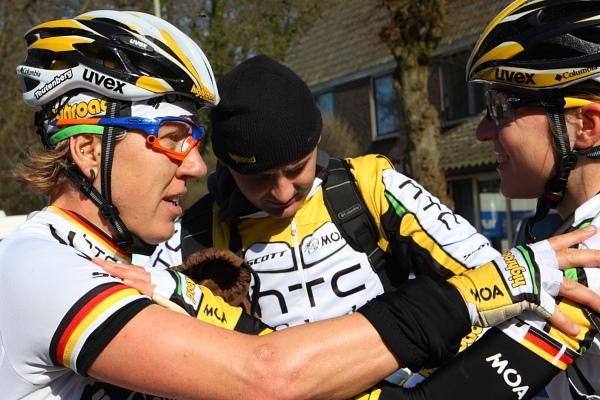 Ina Yoko Teutenberg (HTC - Columbia Women) is congratulated by team-mate, Luise Keller after the finish.