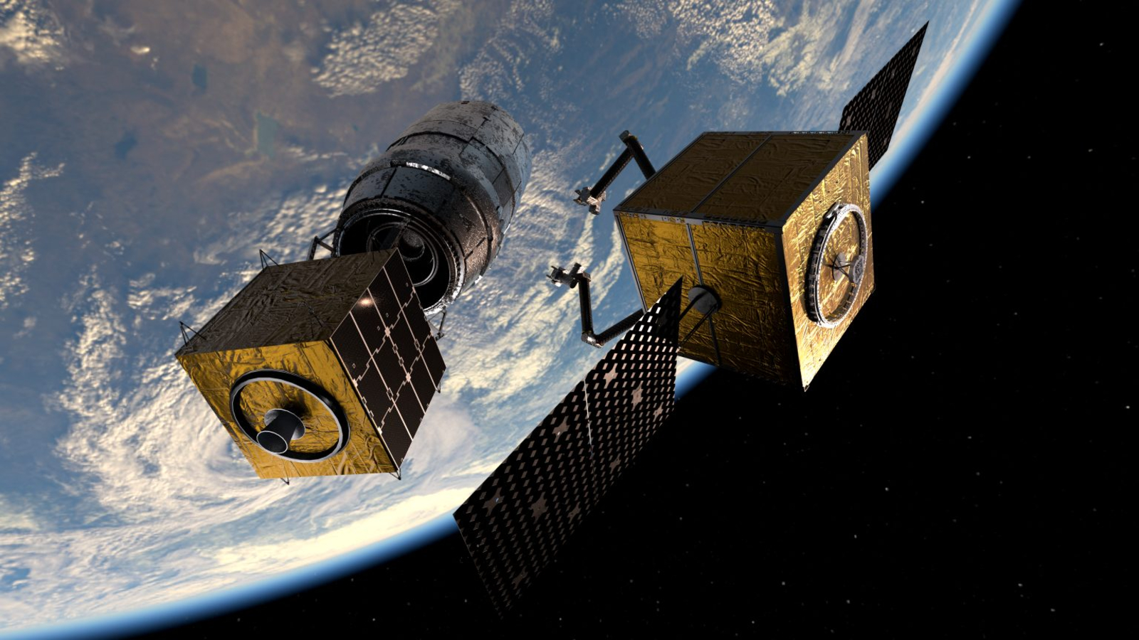 An illustration of two golden, square metal satellites with solar panels floating above Earth in space