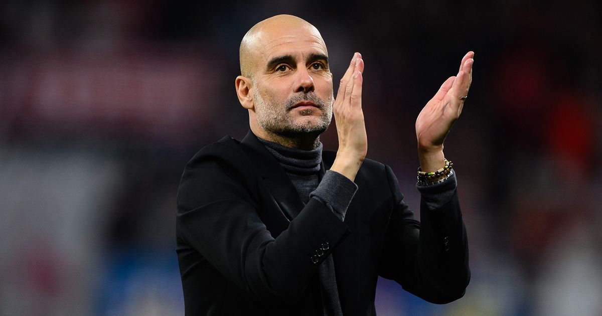 Manchester City head coach Pep Guardiola celebrates victory after the UEFA Champions League match between RB Leipzig and Manchester City at Red Bull Arena on October 04, 2023 in Leipzig, Germany.