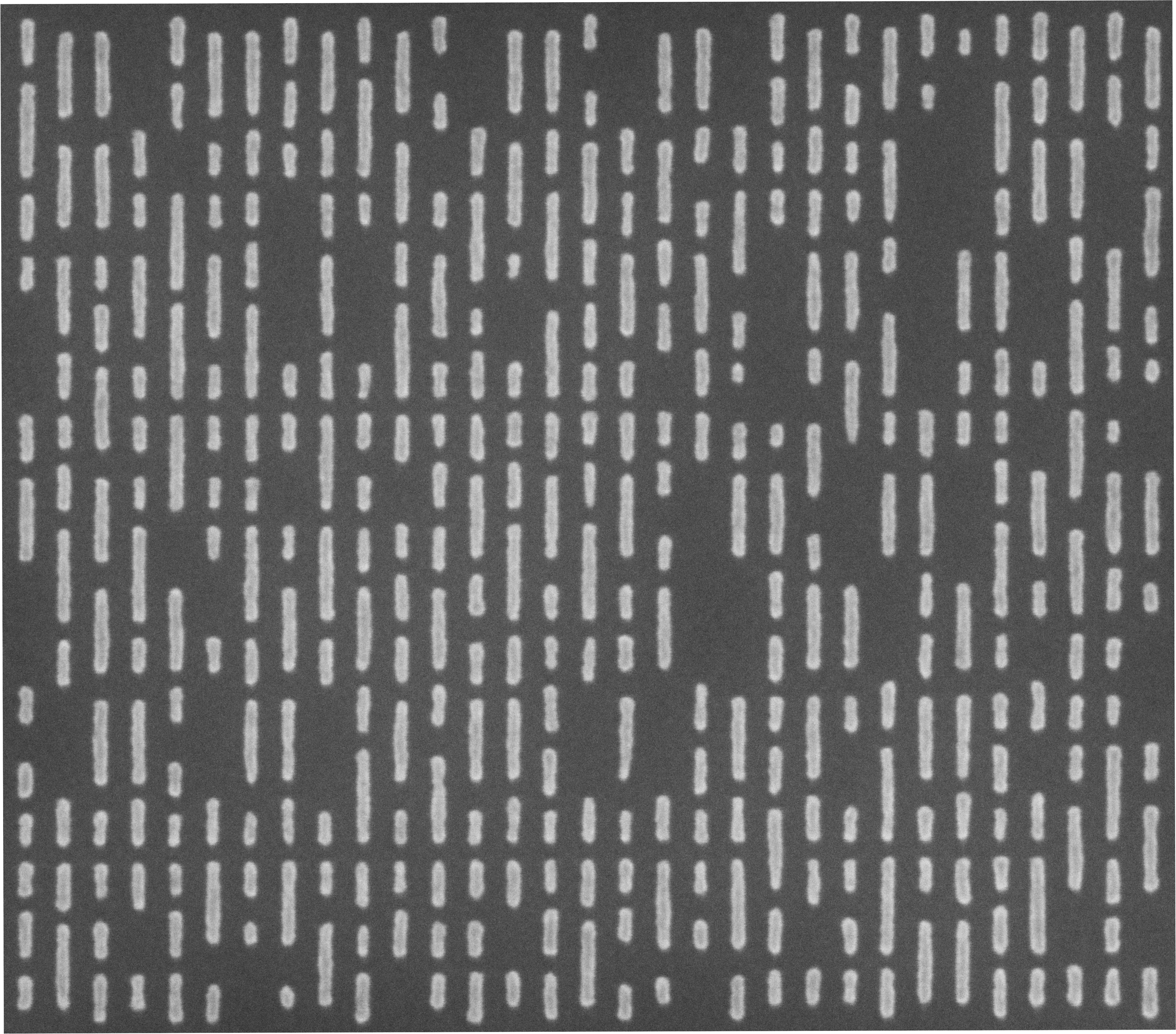 Random logic contact array of 12 nm critical dimensions and 13 nm tip-to-tip spacing printed with high pattern fidelity.