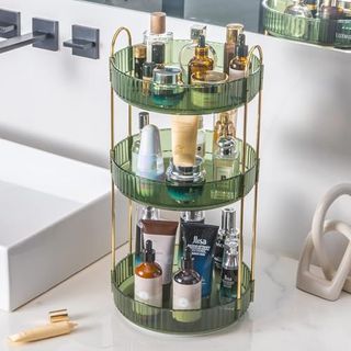 Green 360° Rotating Makeup Organizer,with three tiers and gold metal detailing