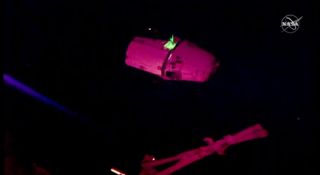An uncrewed SpaceX Dragon cargo ship makes its second trip to the International Space Station for NASA on the CRS-17 mission in this view captured during rendezvous operations on May 6, 2019.
