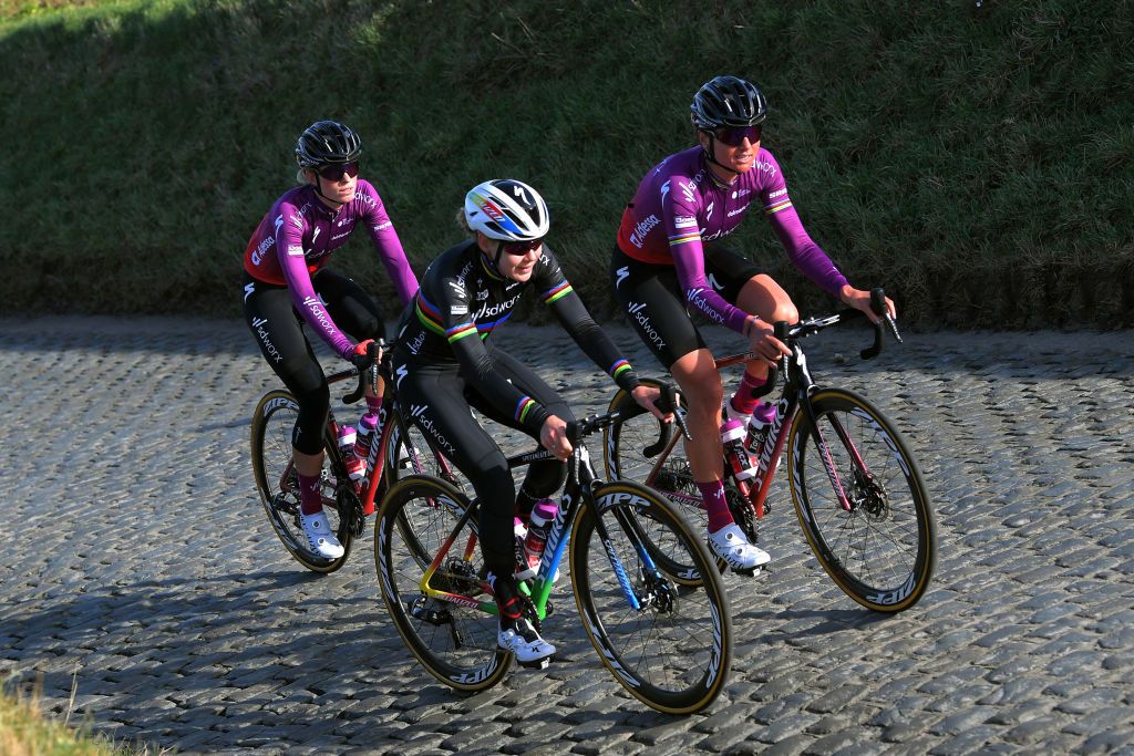OUDENAARDE BELGIUM FEBRUARY 23 Anna Van Der Breggen of The Netherlands Demi Vollering of The Netherlands Chantal van den BroekBlaak of The Netherlands and Team SD Worx during the Team SDWorx 16th Omloop Het Nieuwsblad 2021 Training Team Presentation Cobblestones teamsdworx OmloopHNB OHN21 on February 23 2021 in Oudenaarde Belgium Photo by Luc ClaessenGetty Images