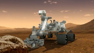 Artist’s concept depicts the NASA Mars Science Laboratory Curiosity rover, a nuclear-powered mobile robot for investigating the Red Planet’s past or present ability to sustain microbial life. 