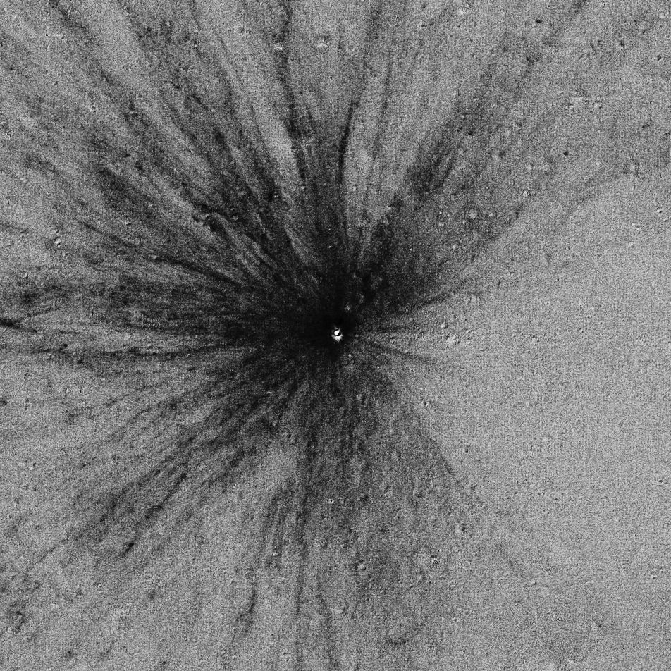 A 39-foot (12 meter) diameter impact crater formed between Oct. 25, 2012, and April 21, 2013, and was discovered in a before-and-after image created from two Narrow Angle Camera (NAC) images. The image covers an area 1,200 m wide.