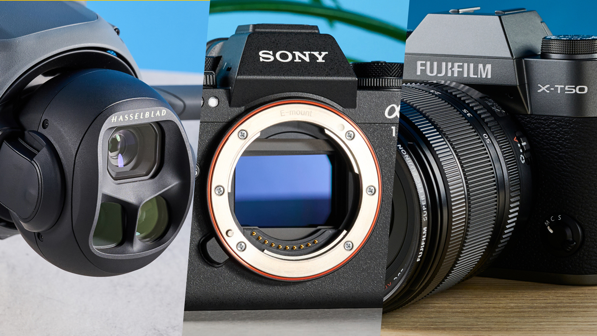 A DJI Mavic 4 Pro, Sony A1 II and Fujifilm X-T50 camera