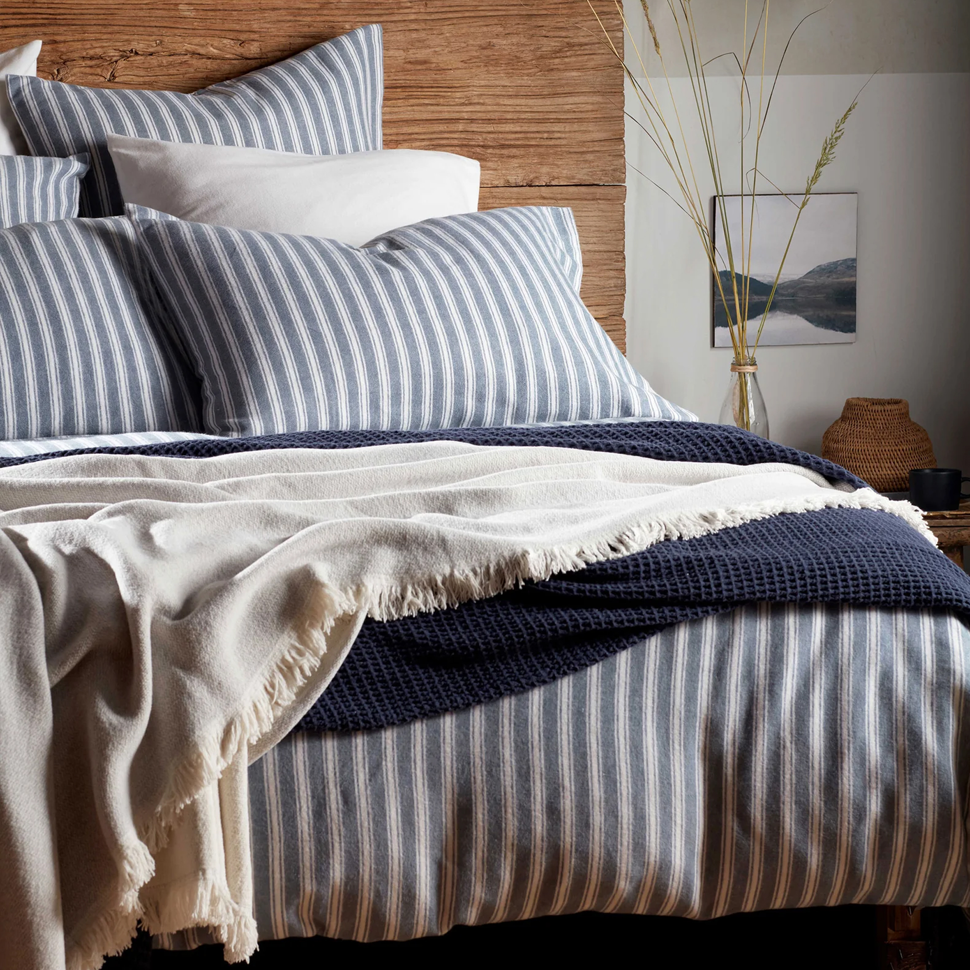 Secret Linen Store French Blue Fred Stripe Brushed 100% Organic Cotton Bed Linen