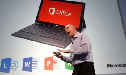 Microsoft CEO Steve Ballmer gets riled up while presenting the next version of Office, which has been overhauled to make the software more compatible with touch screens.