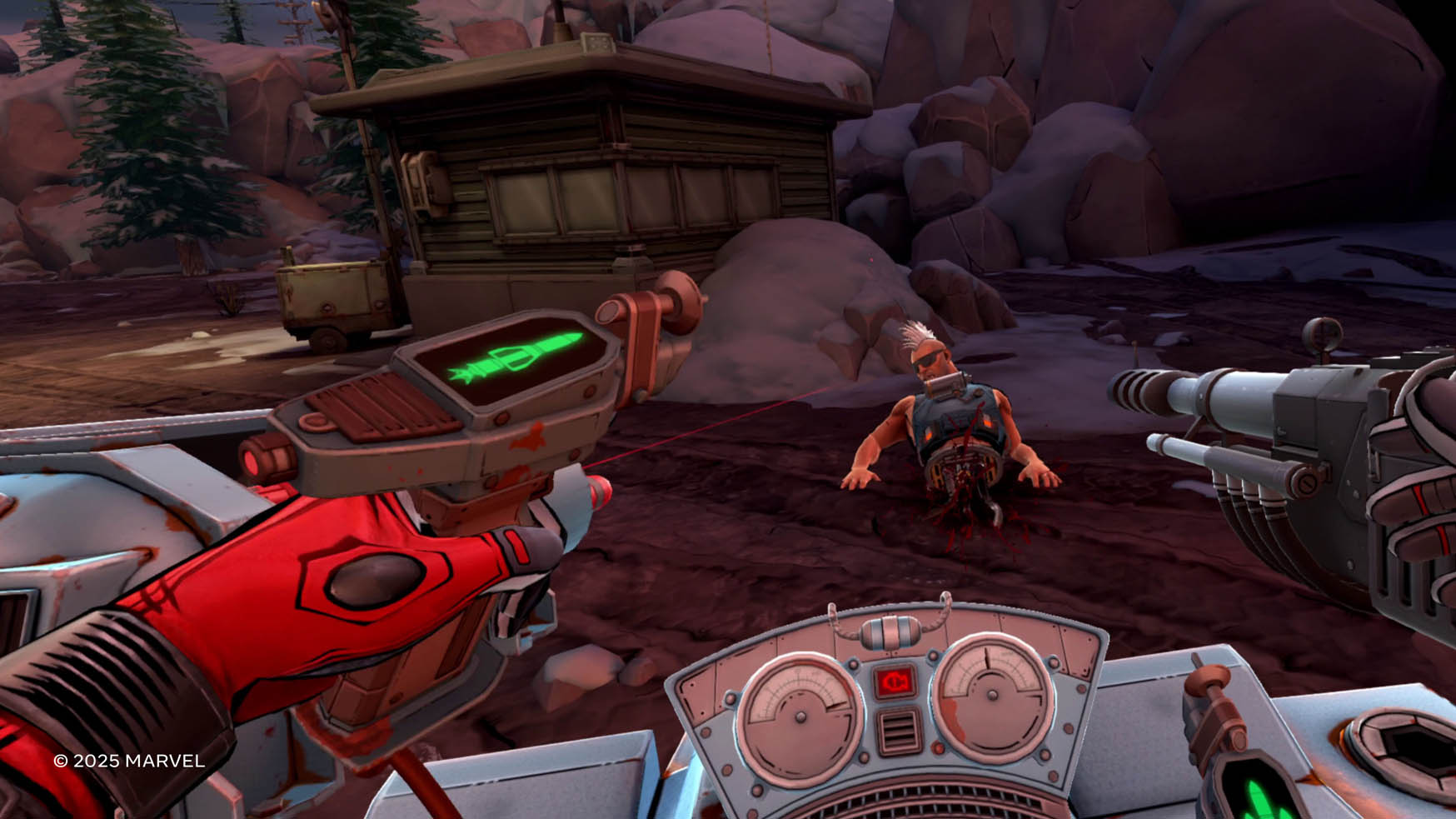 An enemy is cut in half as Deadpool attacks in a kind of mech in Marvel&#039;s Deadpool VR
