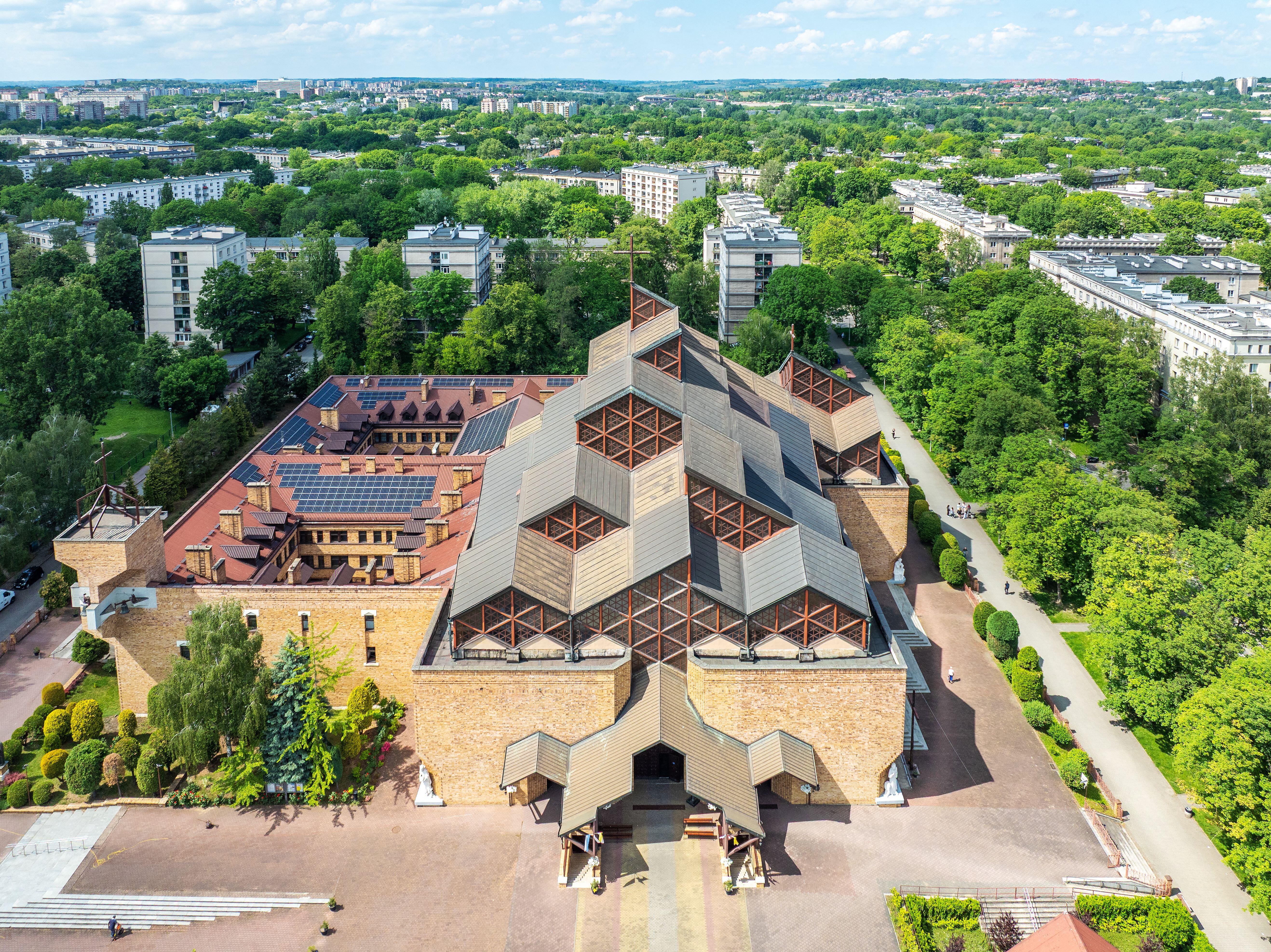 Aerial photo of the Church of Our Lady of Czestochowa in Nowa Huta, Krakow, Poland. Distinctive geometric church architecture