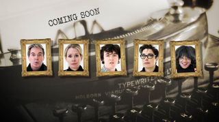 A composite image showing headshots of Julian Clary, Lucy Beaumont, Sam Campbell, Sue Perkins and Susan Wokoma in golden frames for Taskmaster series 16