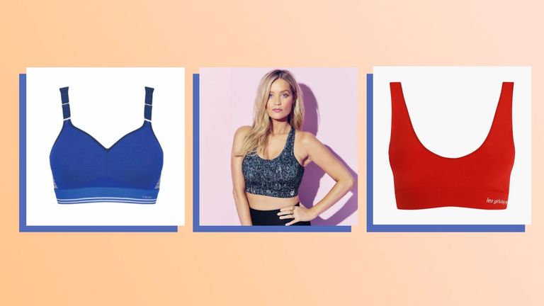 3 best sports bras as chosen by w&h health experts on a colored background with Laura Whitmore modelling 
