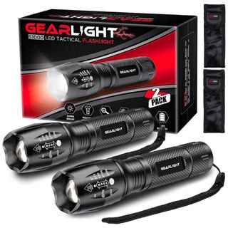 A two pack of black flash lights with red and black cardboard box