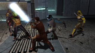 Still from the video game Star Wars: Knights of the Old Republic. A scuffle in the grimy underbelly of a futuristic city is taking place. Surrounded by 3 intimidating attackers, a male Jedi with a blue lightsaber and blue Twi'lek (a humanoid alien with two long head tails) wielding a staff-like weapon are striking back.