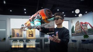 Visual mockup of a man interacting with an AR model using XREAL Air 2 Ultra AR smart glasses