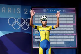 PARIS FRANCE AUGUST 03 Thanakhan Chaiyasombat of Team Thailand prior to the Mens Road Race on day eight of the Olympic Games Paris 2024 at trocadero on August 03 2024 in Paris France Photo by Tim de WaeleGetty Images