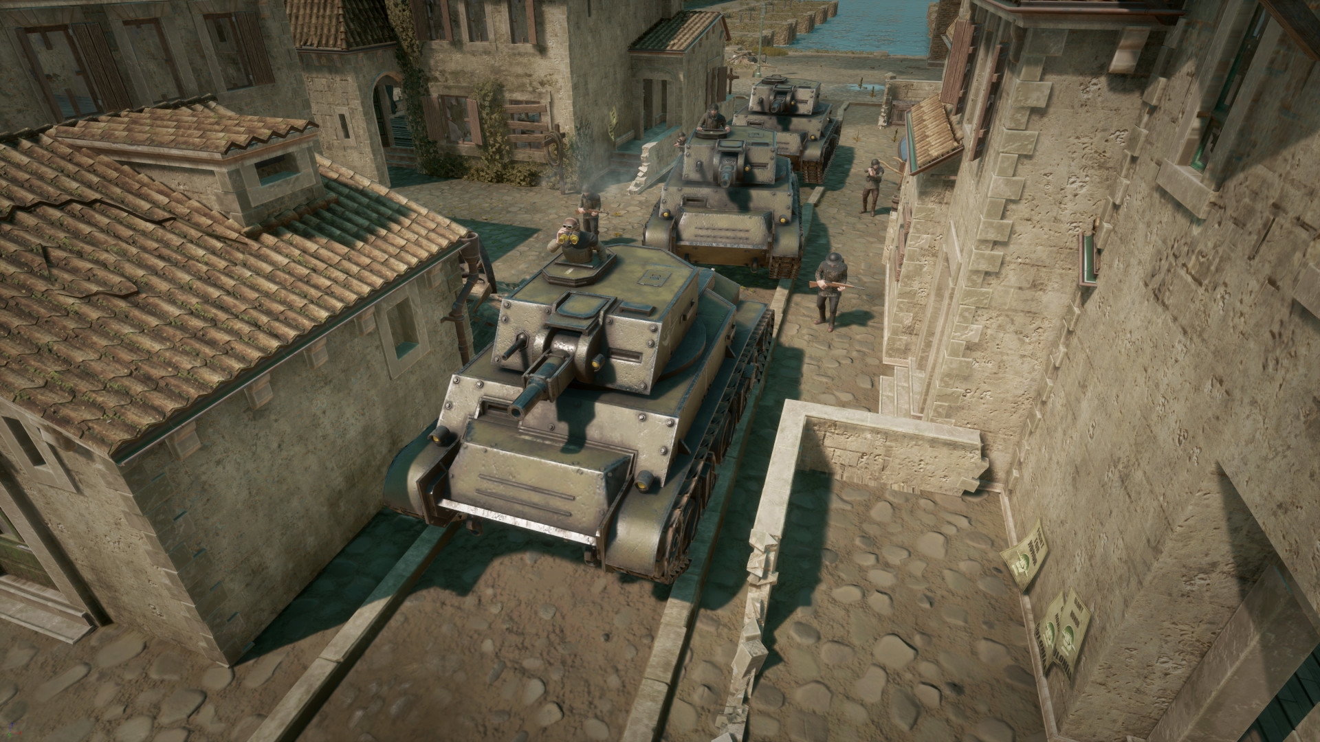 Three tanks driving through the streets of a village during one of the best games like Battlefield, Foxhole.