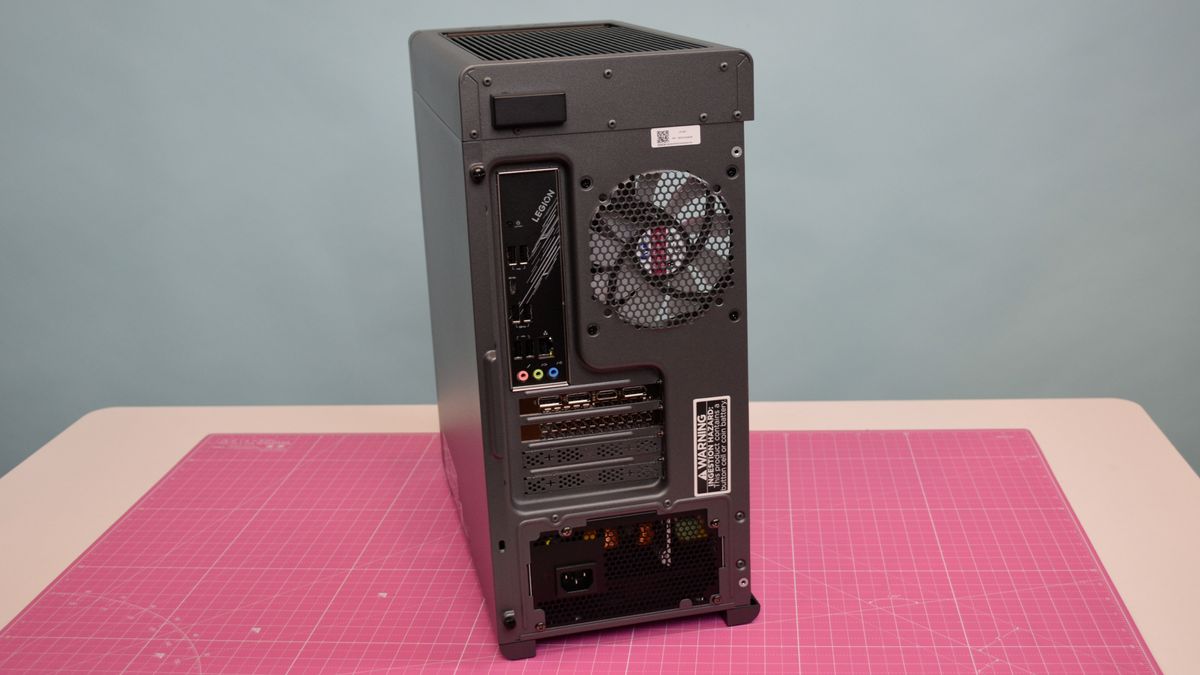 Back side of the Lenovo Legion Tower 5i gaming pc, showcasing its ports and rear ventilation