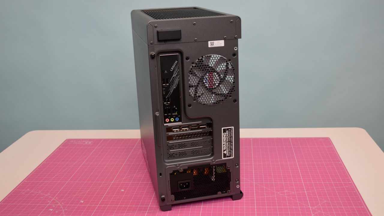 Back side of the Lenovo Legion Tower 5i gaming pc, showcasing its ports and rear ventilation