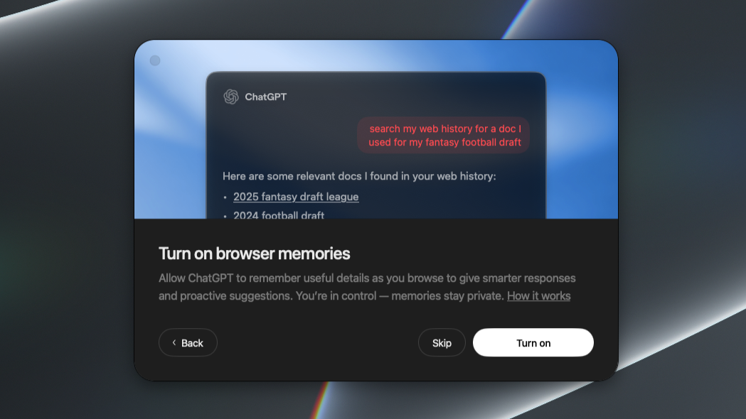A screenshot showing a prompt from ChatGPT Atlas asking whether or not you want to turn on browser memories during setup