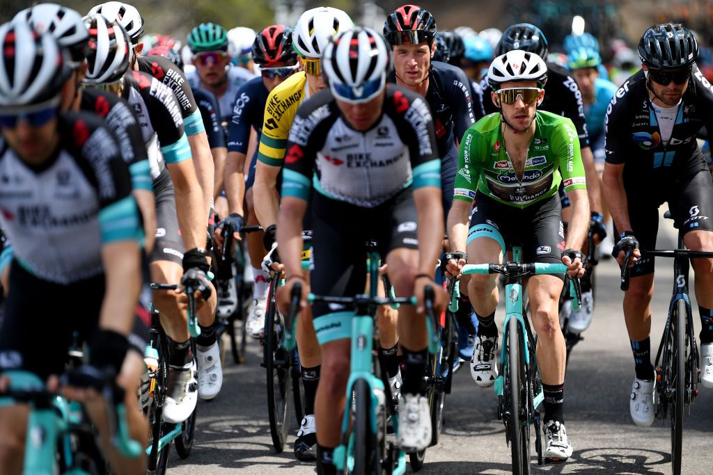 PIEVEDIBONO ITALY APRIL 22 Simon Yates of United Kingdom and Team BikeExchange green leader jersey during the 44th Tour of the Alps 2021 Stage 4 a 1686 to stage from Naturns to Valle del Chiese Pieve di Bono TourofTheAlps TouroftheAlps on April 22 2021 in Pieve di Bono Italy Photo by Tim de WaeleGetty Images