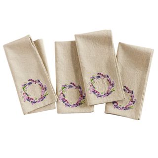 Ivory embroidered napkins with a lavender wreath