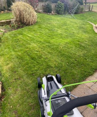a lawn after being mowed with a Gtech cordless lawn mower