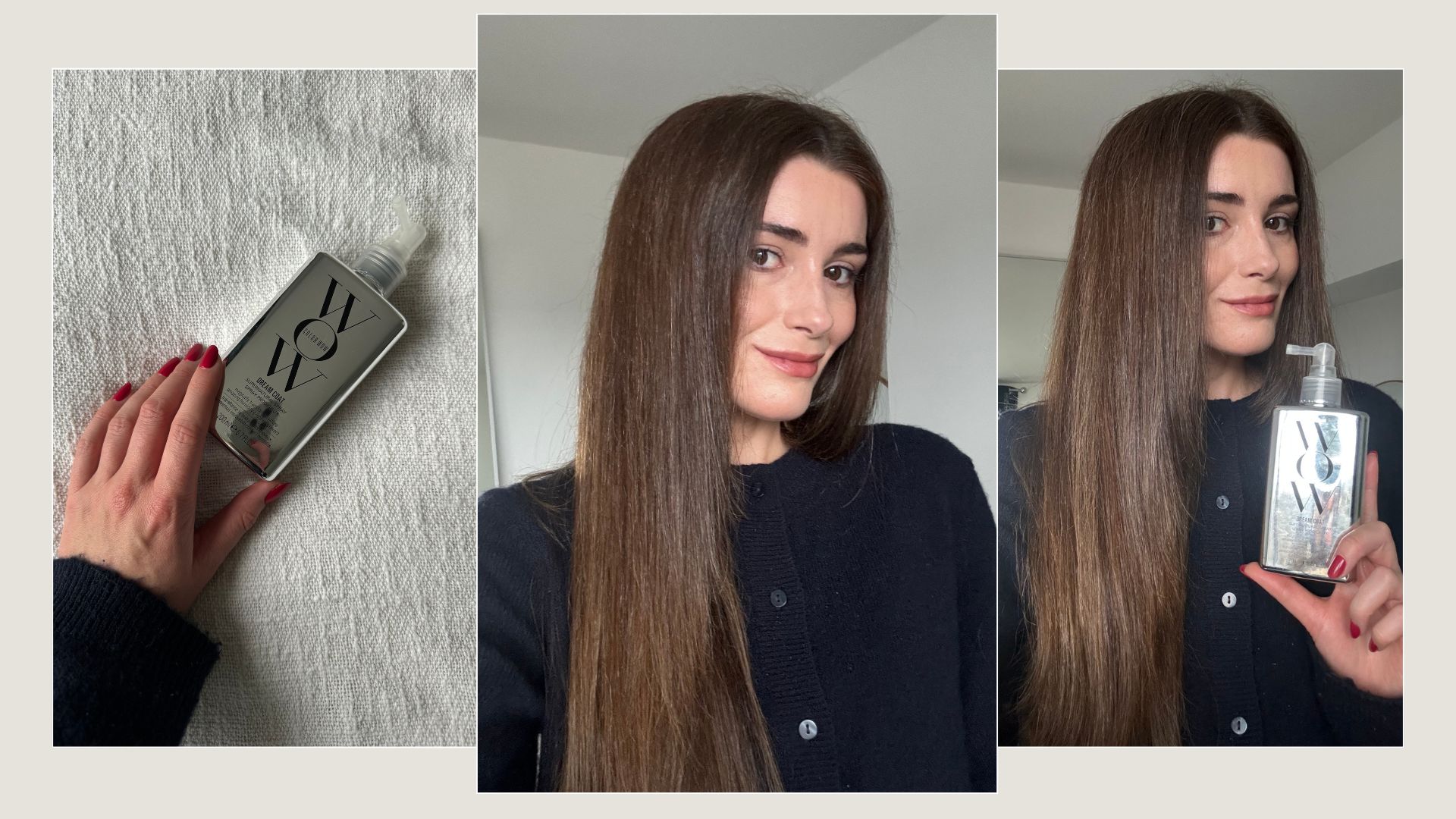 Three images featuring the Color Wow Dream Coat and photos of beauty editor Eleanor Vousden using it on her hair