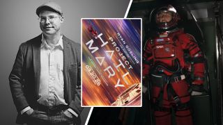 Split image showing author Andy Weir and a screenshot of Ryan Gosling in Project Hail Mary, with the movie poster in the center of the two images.