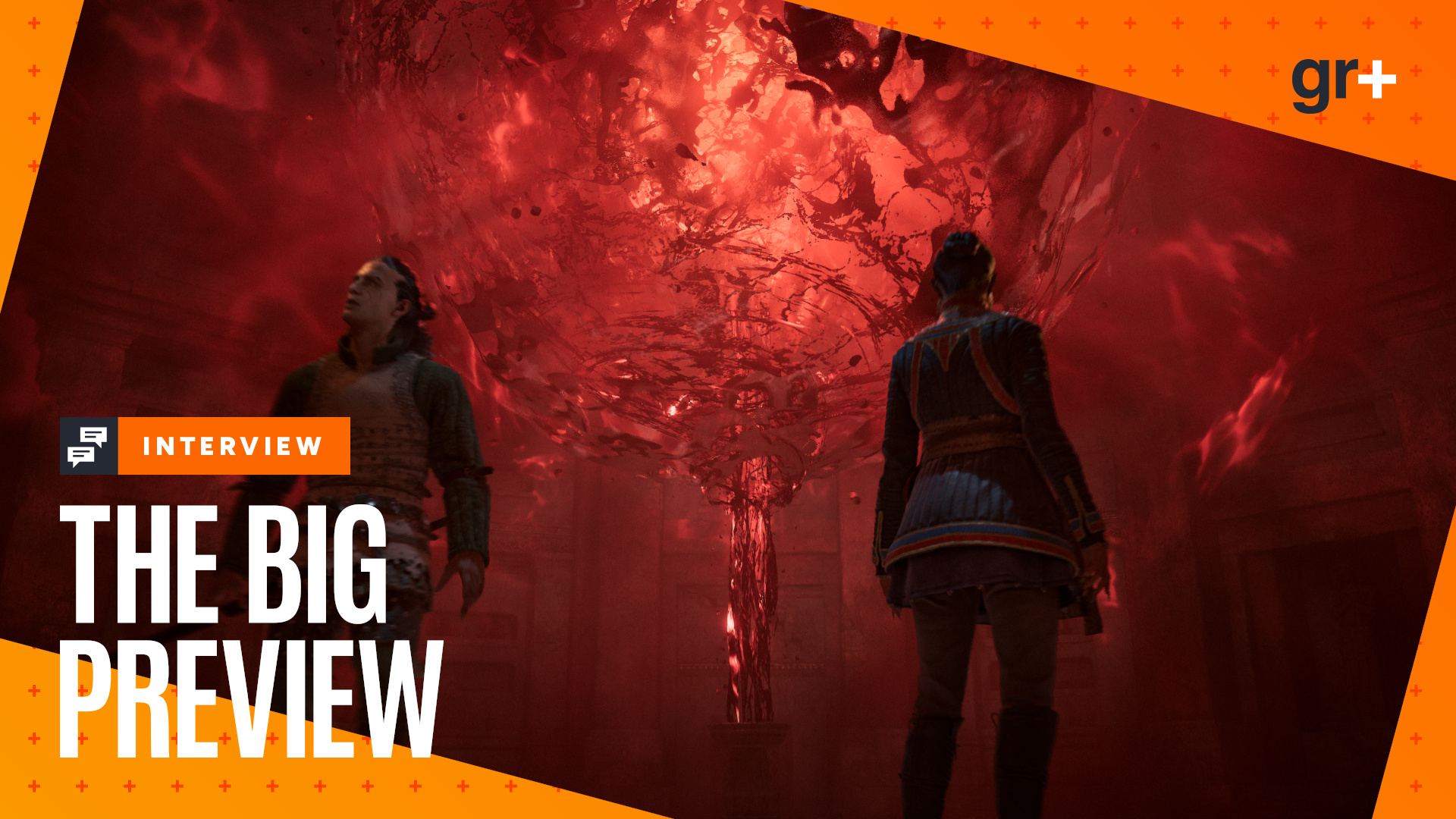 Two characters stand in front of a tornado of blood in The Blood of Dawnwalker, with an orange GamesRadar+ Big Preview frame