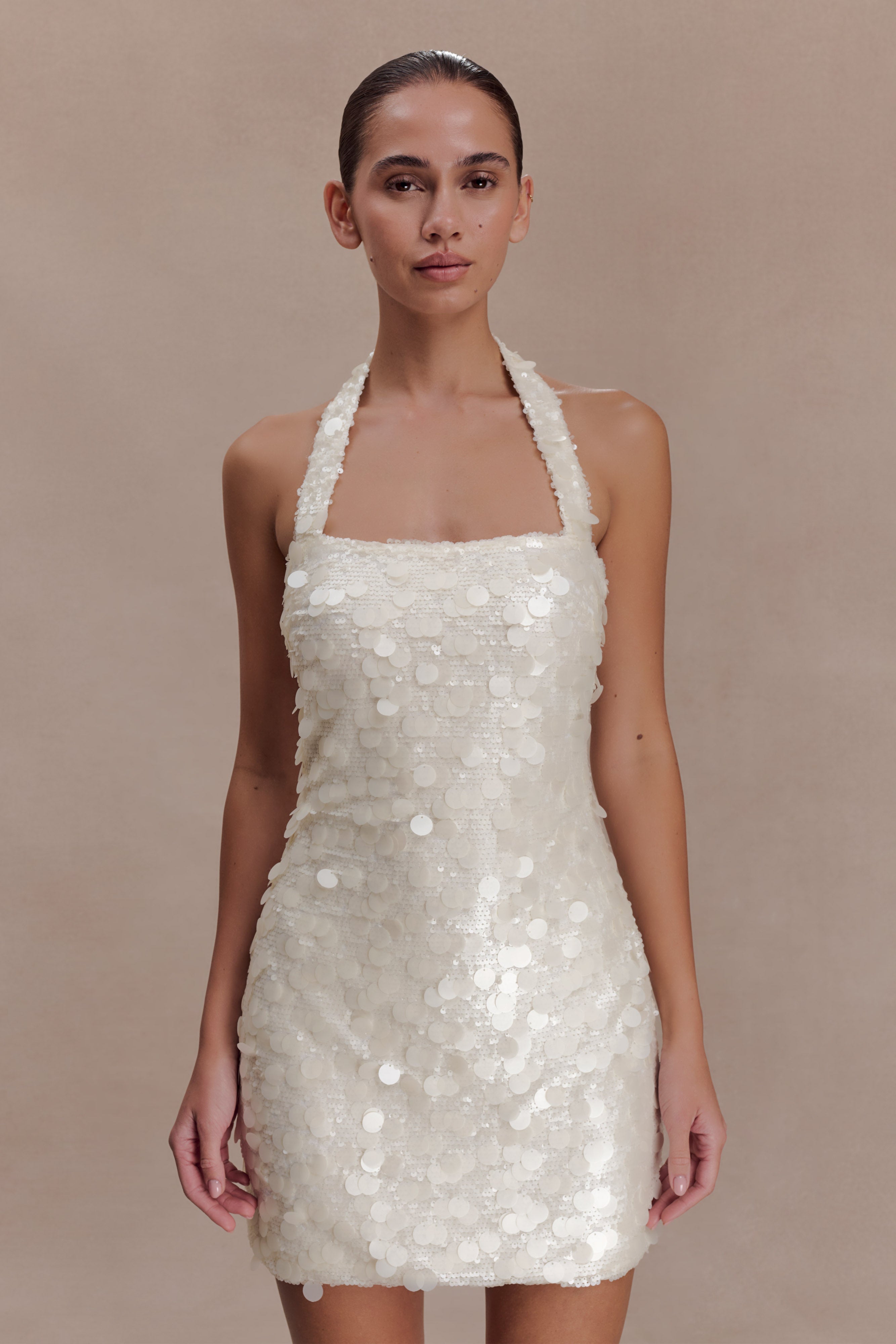 Caralee Sequin Halter Mini Dress - Ivory Xxs