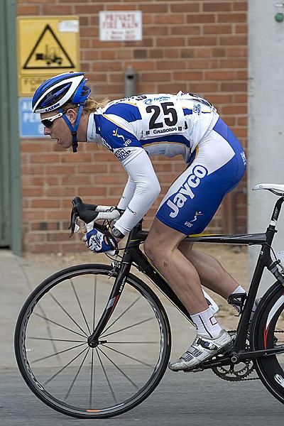James Langedyk (Jayco/VIS) gets out of the saddle down the back straight in Merbein.