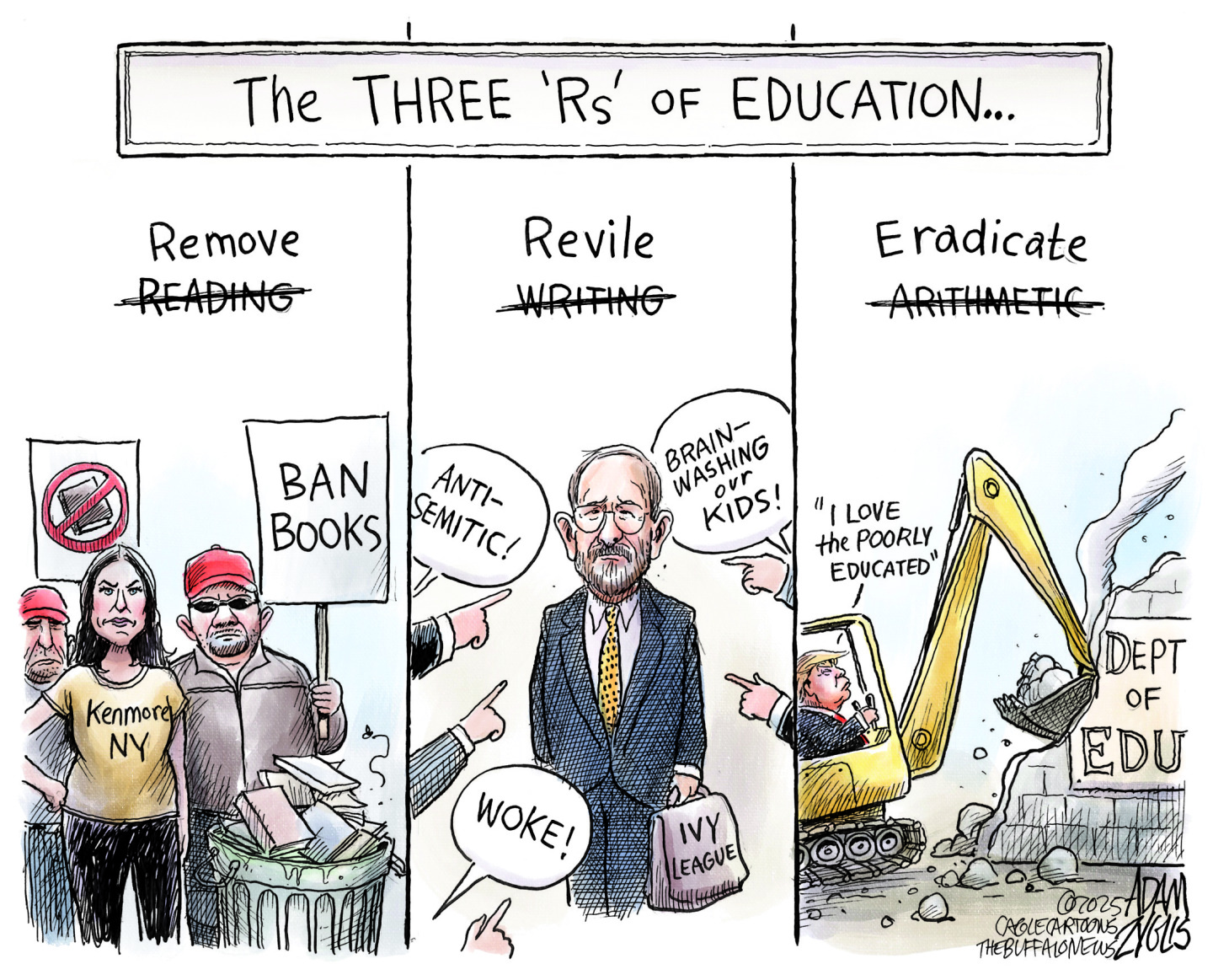 This is a three-panel political cartoon titled "The THREE 'R's' of EDUCATION.” The first panel, "Remove Reading," shows an angry crowd in MAGA hats with signs reading "BAN BOOKS" and books into a trash can. The second panel says "Revile Writing," and features a man labeled "IVY LEAGUE" being pointed at by several hands, with speech bubbles saying "Anti-semitic!", "Woke!", and "brain-washing our kids!" The third panel, "Eradicate Arithmetic," shows Donald Trump driving a yellow excavator, demolishing a building labeled "DEPT OF EDU," while a speech bubble above him says, "I love the poorly educated."