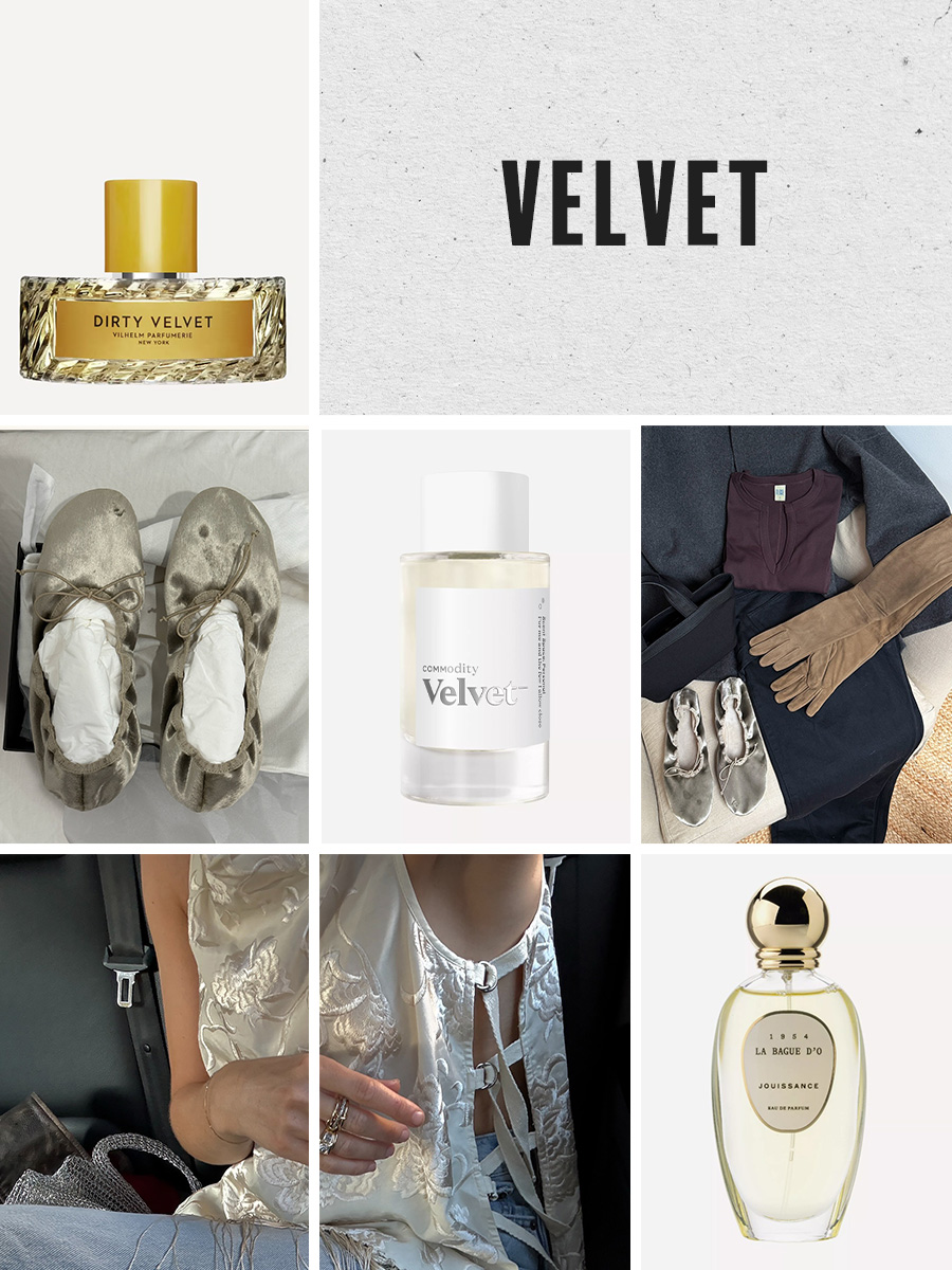 A collage of velvet outfits and velvet-inspired perfumes